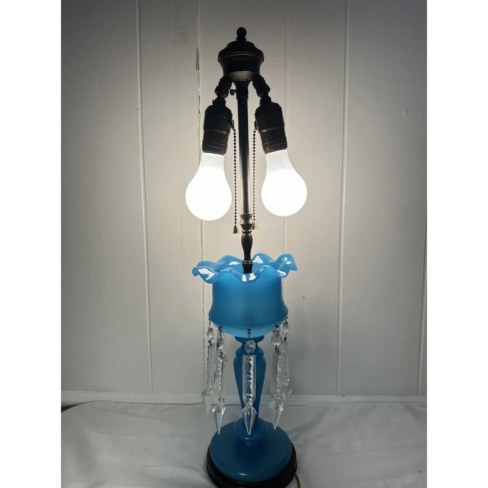 1920 French Blue Opaline Glass with Prisms Electric 2‎ Bulb Luster Lamps